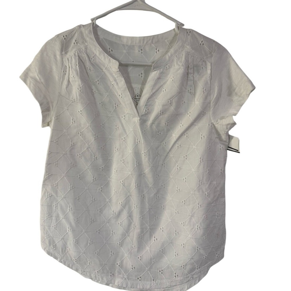 St Johns Bay White Eyelet Tee Short Sleeve Split V-Neck Cotton Top Petite PS